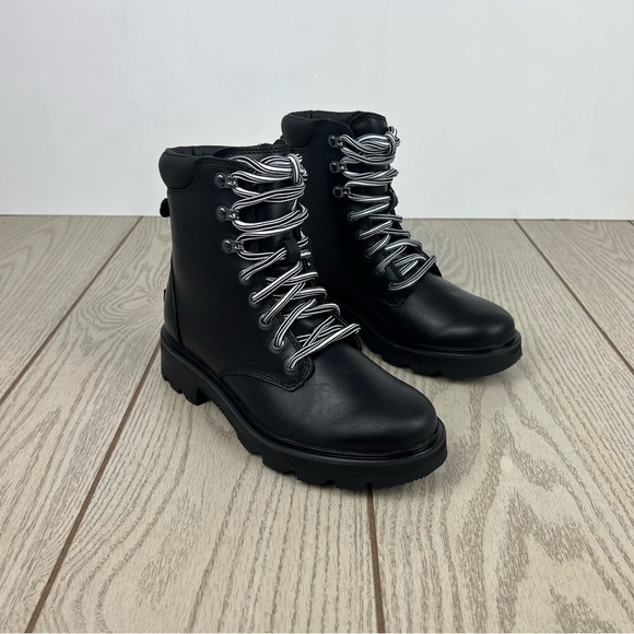 Sorel Women's Lennox Leather Lace-Up STKD WP Boots US6.5 Black / Sea Salt $190 - Picture 1 of 13